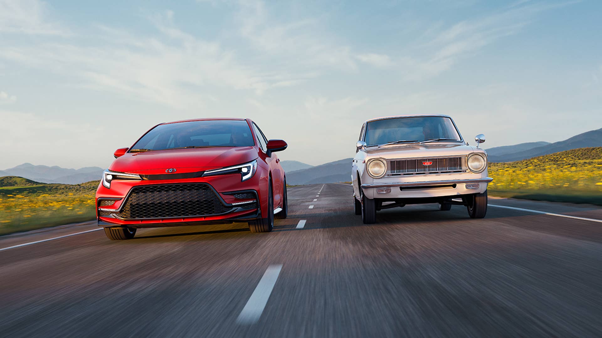 Toyota Corolla 2027 rojo junto a un Corolla clásico en carretera